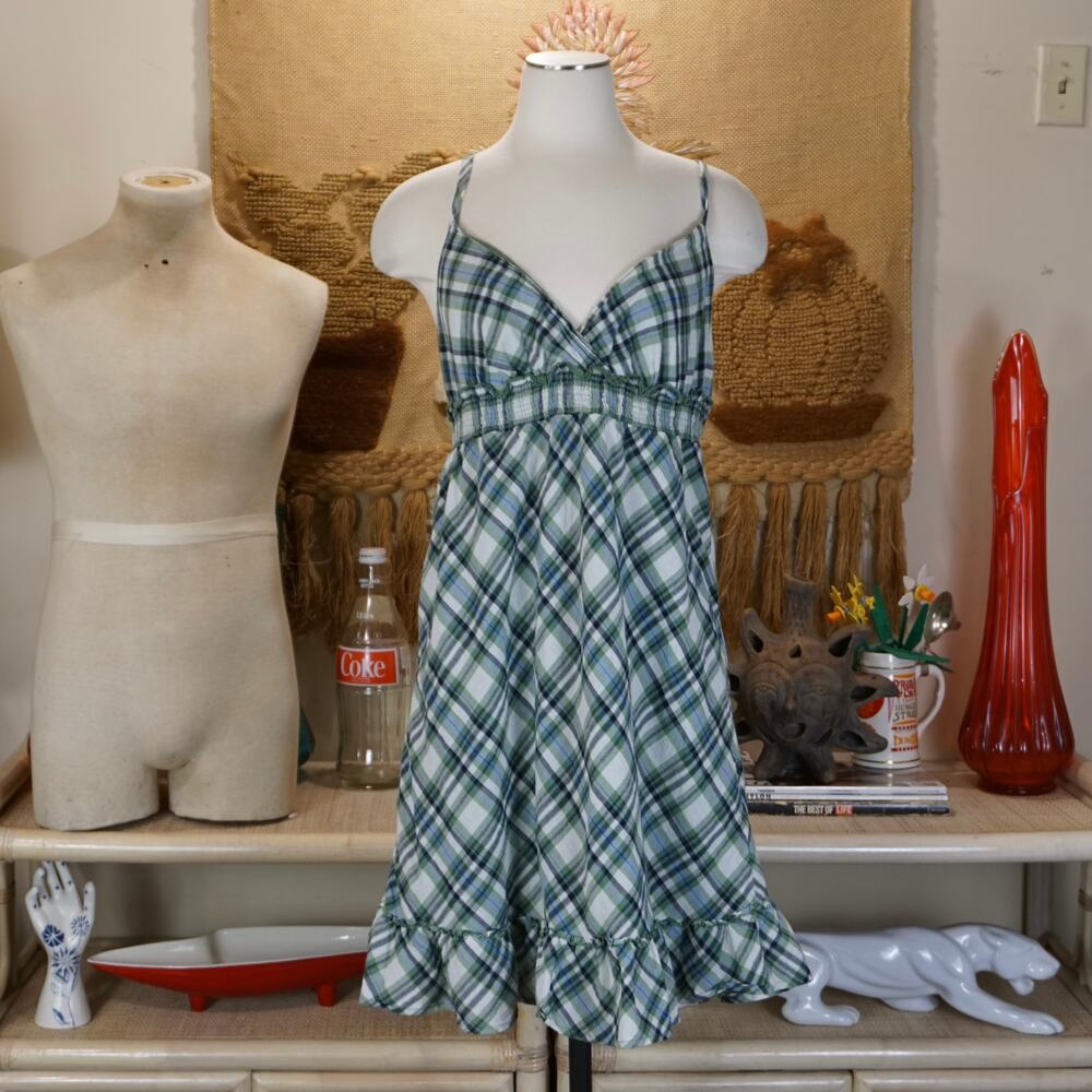 Y2k Faded Glory green plaid baby doll triangle tank dress